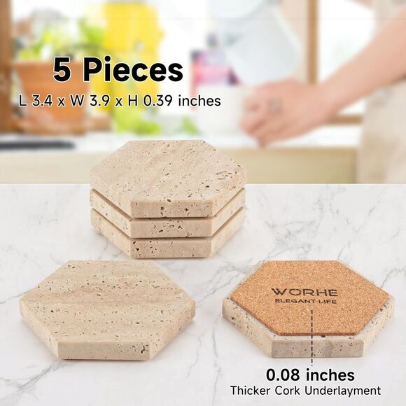 Hexagonal Travertine Marble Coaster Set of 5 Natural Beige Stone Home Decor - Picture 5 of 10